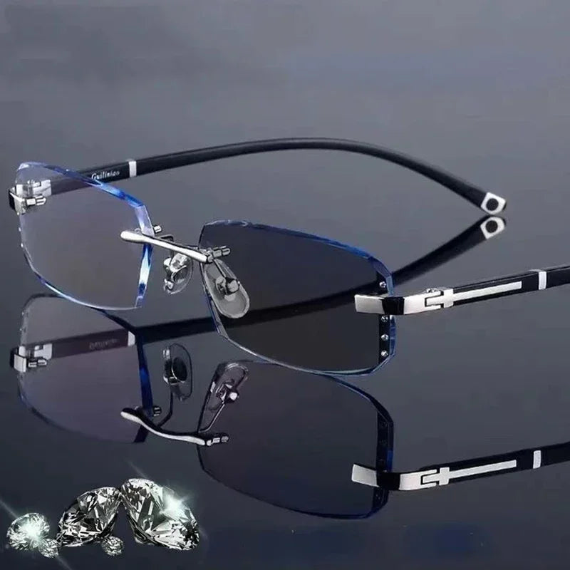 Business Photochromic Myopia Glasses for Men Diamond Cut Rimless UV400 Luxury Eyeglasses Color Changing Diopters -1.0 To -4.0