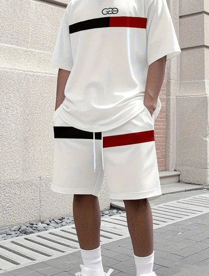 Fashionable urban men's fashion quick drying striped printed short sleeved shorts set outdoor casual breathable two-piece set