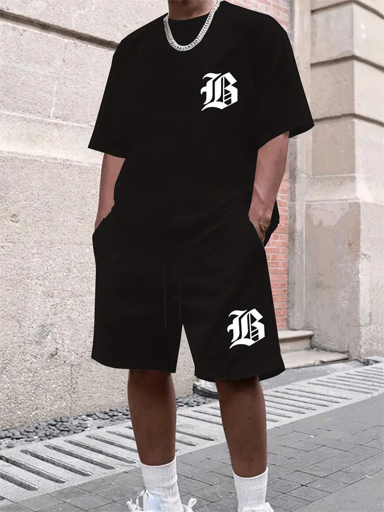 Men Casual Black TShirt Shorts Set Bold "B" 3D Print Tracksuit Summer Streetwear Men Sportwear Outdoor Shorts Sleeve Set 2 Piece