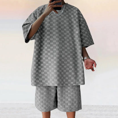 European and American Oversized Fashion Brand Men's Summer New Chessboard Plaid Loose Sports and Leisure Two-Piece Set