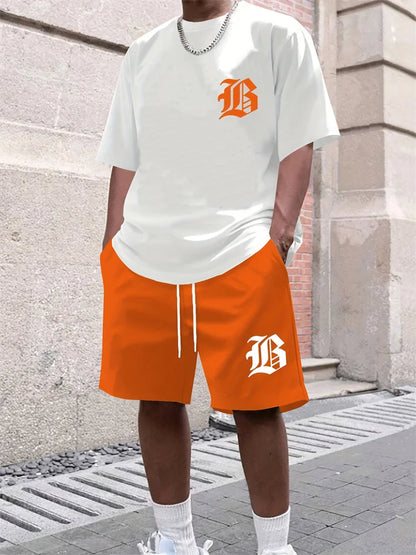 Men Casual Black TShirt Shorts Set Bold "B" 3D Print Tracksuit Summer Streetwear Men Sportwear Outdoor Shorts Sleeve Set 2 Piece