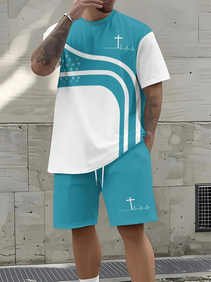 2025 New Summer Men's Letter Printed Comfortable and Breathable Round Neck T-shirt and Shorts Set Solid Color Colo Sportswear