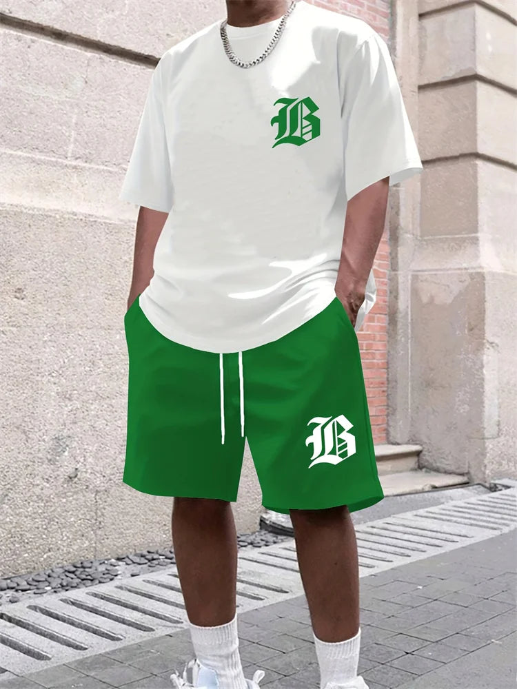 Men Casual Black TShirt Shorts Set Bold "B" 3D Print Tracksuit Summer Streetwear Men Sportwear Outdoor Shorts Sleeve Set 2 Piece