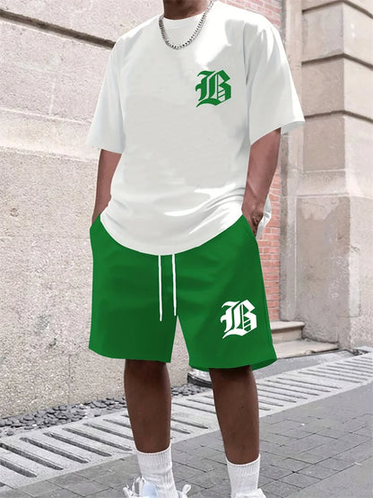 Men Casual Black TShirt Shorts Set Bold "B" 3D Print Tracksuit Summer Streetwear Men Sportwear Outdoor Shorts Sleeve Set 2 Piece