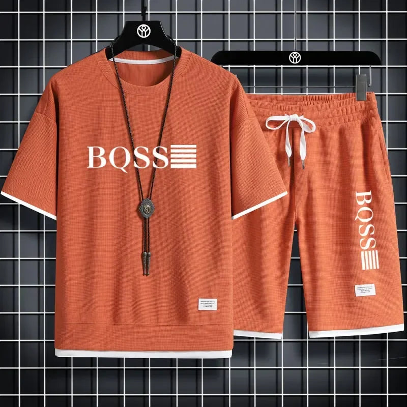 2025 new sportswear, men's summer breathable jogging set, men's printed round-neck short-sleeved shirt + elastic waist shorts