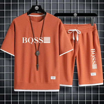 2025 new sportswear, men's summer breathable jogging set, men's printed round-neck short-sleeved shirt + elastic waist shorts