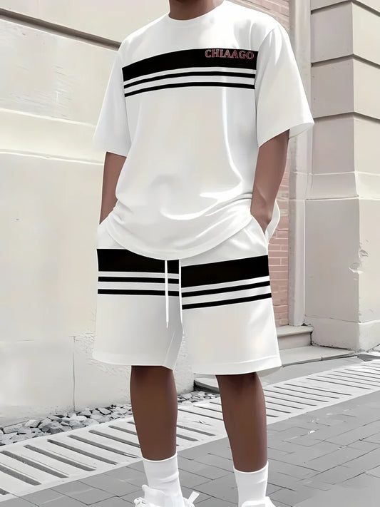 2025 summer new men's casual sports short sleeved shorts 3D printed men's T-shirt shorts set