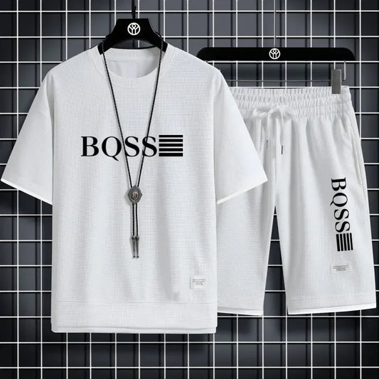 2025 new sportswear, men's summer breathable jogging set, men's printed round-neck short-sleeved shirt + elastic waist shorts