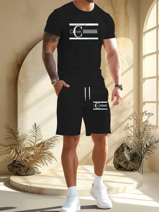 summer men  new casual sports suit Fashion breathable outdoor short-sleeved T-shirt + training shorts two-piece set