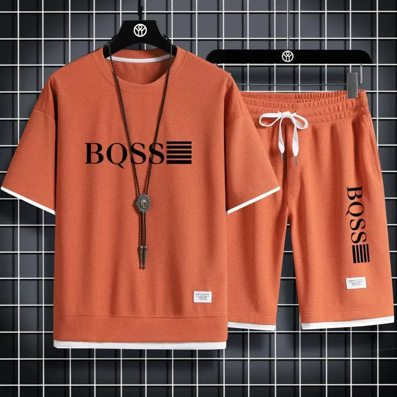 2025 new sportswear, men's summer breathable jogging set, men's printed round-neck short-sleeved shirt + elastic waist shorts